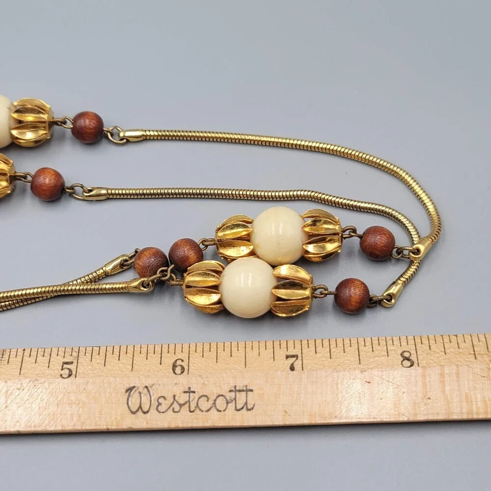 Vintage Long Station Wood Bead Necklace Snake Chain 34" Estate Costume Jewelry - Picture 4 of 8